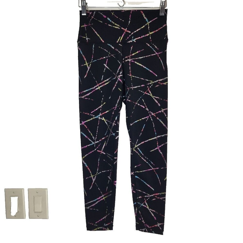 Zyia Active Crop Leggings 4‎ Black Rainbow Foil Abstract Stripe Activewear
